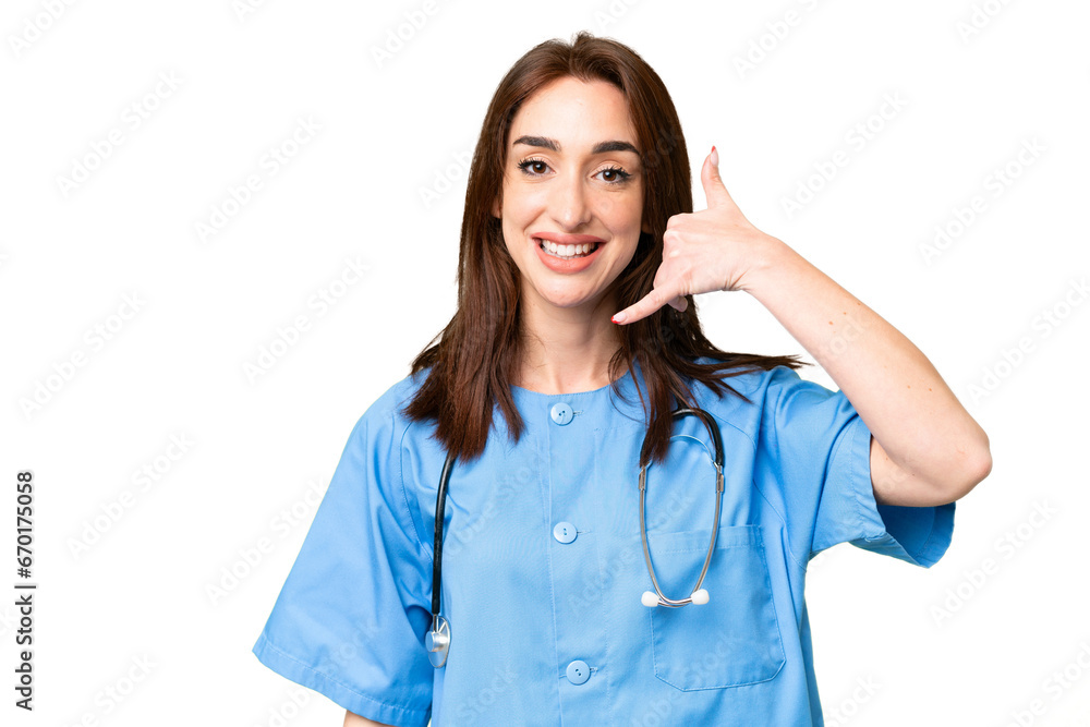Young nurse woman over isolated chroma key background making phone gesture. Call me back sign Young nurse woman over isolated chroma key background making phone gesture. Call me back sign
