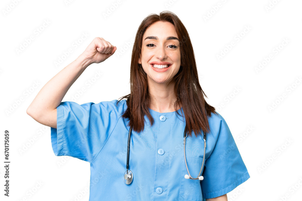 Young nurse woman over isolated chroma key background doing strong gesture Young nurse woman over isolated chroma key background doing strong gesture