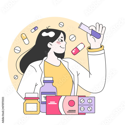 Medical research. Biotechnology, medicine and pharmacology development. Innovative technologies, clinical trials and tests. Flat vector illustration