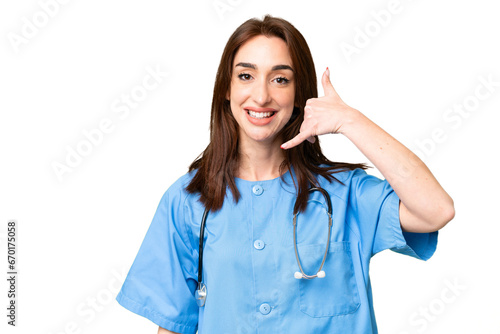 Young nurse woman over isolated chroma key background making phone gesture. Call me back sign