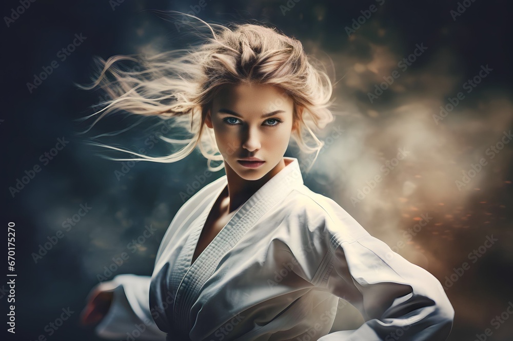 Young woman in kimono practicing karate in photo portrait studio
