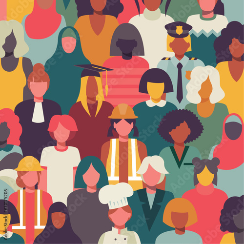 Inclusive crowd of girls and women portraits. Vector and colorfull illustration. Separated items.Girl power.
