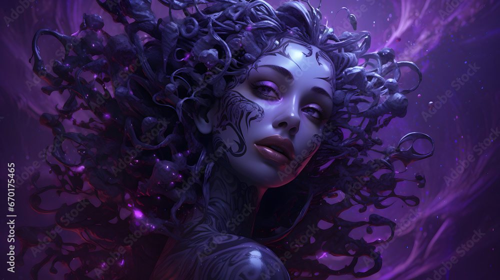 Purple background with fantasy world. Portrait of a woman with Enchanting World