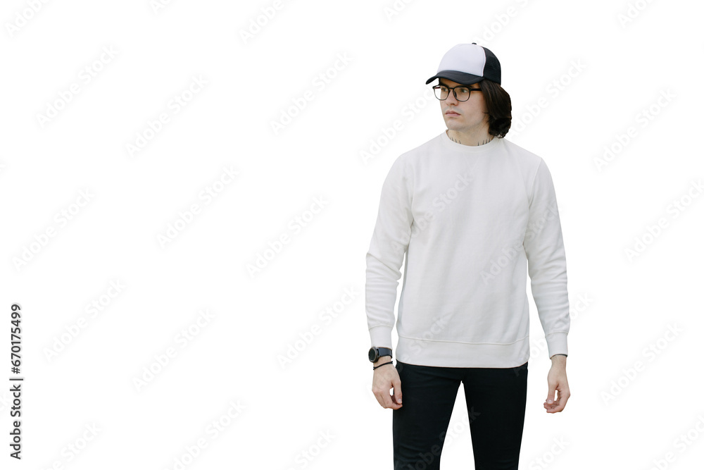Man wearing white sweatshirt or hoodie, baseball cap and glasses. Sweatshirt or hoodie for mock up, logo designs or design prints with free space Man wearing white sweatshirt or hoodie, baseball cap and glasses. Sweatshirt or hoodie for mock up, logo designs or design prints with free space