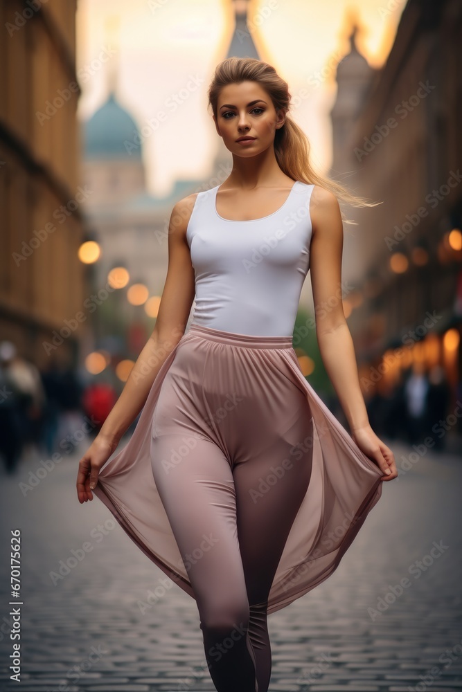 Fototapeta premium Ballet student in the style of dignified poses on city street.