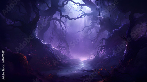 Magical forest in fog with purple light