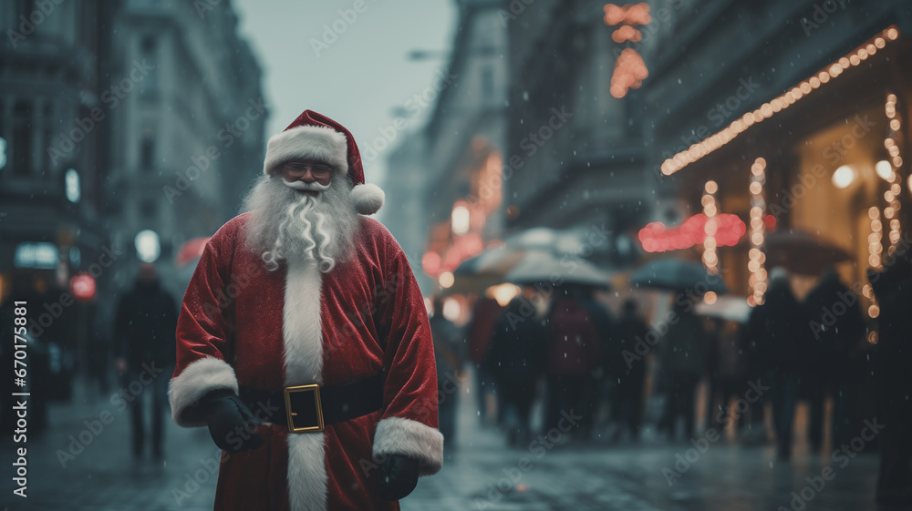 Santa Claus in the street. New Year celebration in the streets. .Christmas background. Copy Space