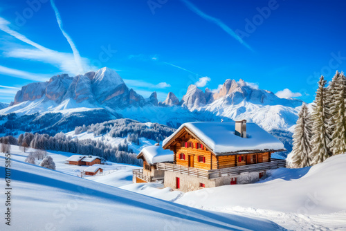 snowy winter landscape with houses, mountains and blue sky