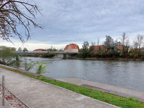 bridge on river Mura (Mur) - on border between Slovenia and Austria. Bad Radkersburg town. Autumn. Europe photo