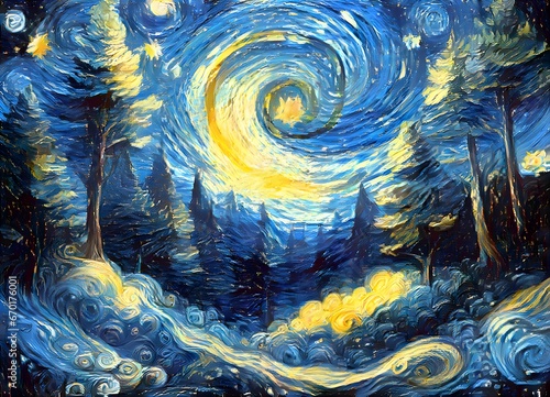 Landscape with many conifer trees and a starry, starry night.