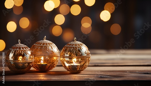 Christmas Ornament With String Lights On Rustic Wooden Table