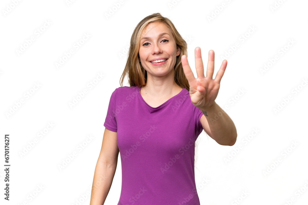Young blonde woman over isolated background happy and counting four with fingers Young blonde woman over isolated background happy and counting four with fingers