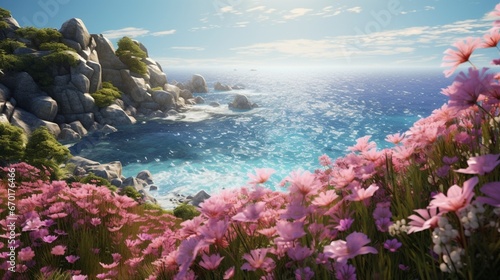 A Platinum Primrose garden with a gentle breeze, causing the flowers to sway gracefully. The vibrant sea of blossoms stretches to the horizon.