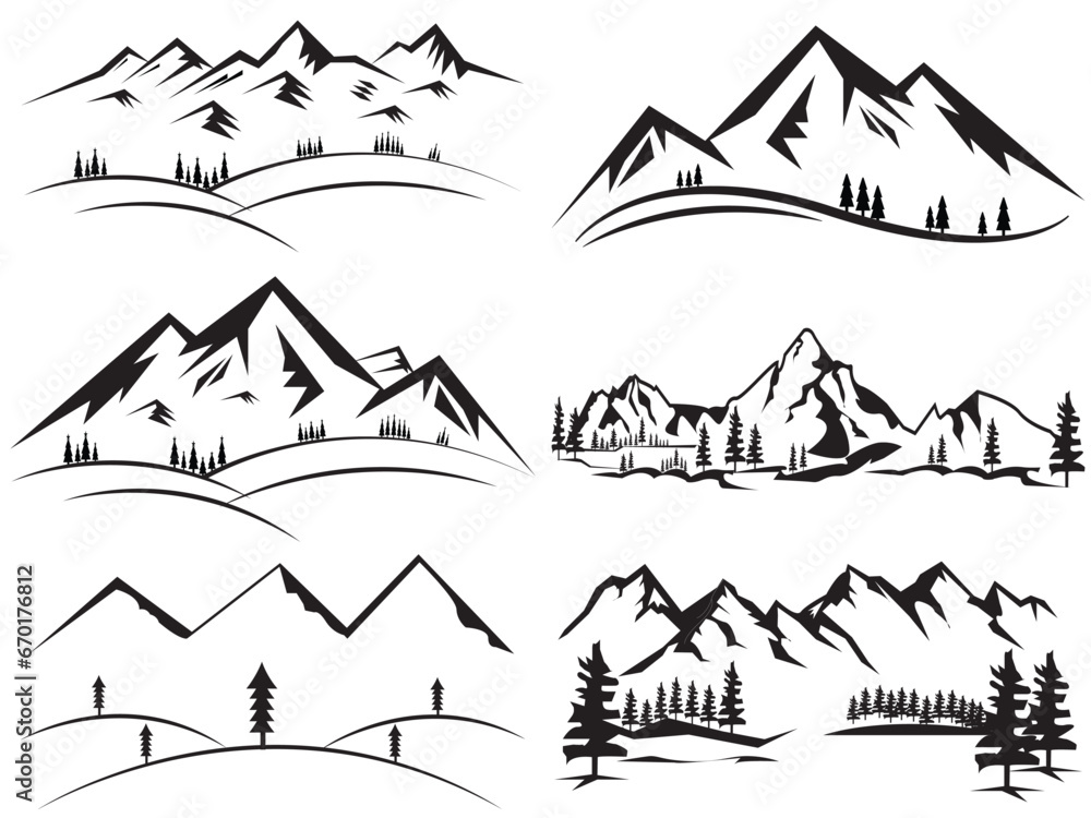 6 Mountain vector. Mountain range silhouette isolated vector illustration. bundle vector.