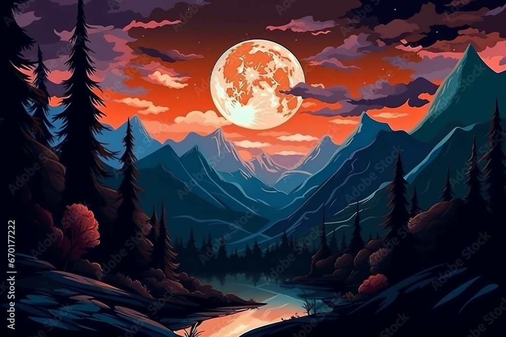 Night landscape with mountains, trees, moon, dark background. Generative AI