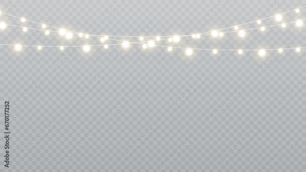 Christmas lights isolated realistic design elements. Glowing lights for Xmas Holiday cards, banners, posters, web design. Stock royalty free vector illustration. PNG	 - obrazy, fototapety, plakaty 