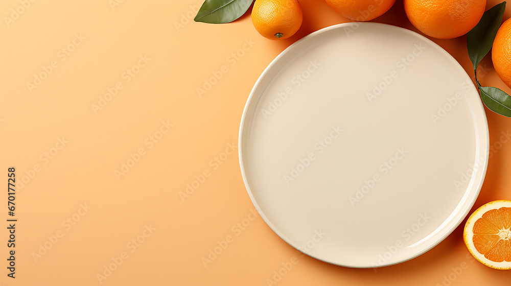 Half of a sweet orange and four whole oranges are placed on an orange-colored table, around a white ceramic plate. Mockup. Copy space. Close-up. Top view. Half of a sweet orange and four whole oranges are placed on an orange-colored table, around a white ceramic plate. Mockup. Copy space. Close-up. Top view.