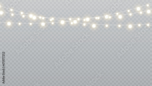 Christmas lights isolated realistic design elements. Glowing lights for Xmas Holiday cards, banners, posters, web design. Stock royalty free vector illustration. PNG	