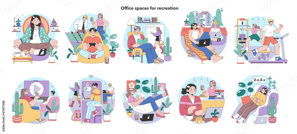 Office recreation set. Employees unwind in cozy zones. Meditation, board games, reading corners. Casual chats, workouts, and naps. Creativity blooms in relaxation. Flat vector illustration