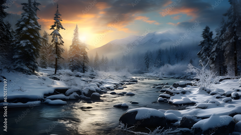 Sunrise in the mountains by the creek in winter