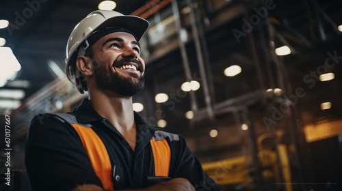 Portrait of white male engineer worker or industrial maintenance worker enjoy working in factory generative ai