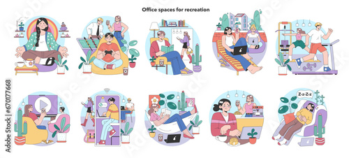 Office recreation set. Employees unwind in cozy zones. Meditation, board games, reading corners. Casual chats, workouts, and naps. Creativity blooms in relaxation. Flat vector illustration