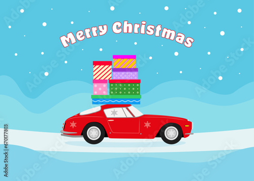 Merry Christmas design. Christmas car with gift boxes. Color vector illustration in cartoon flat style.	