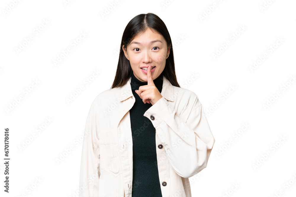 Young Asian woman over isolated chroma key background showing a sign of silence gesture putting finger in mouth Young Asian woman over isolated chroma key background showing a sign of silence gesture putting finger in mouth