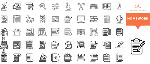 Set of minimalist linear homework icons. Vector illustration