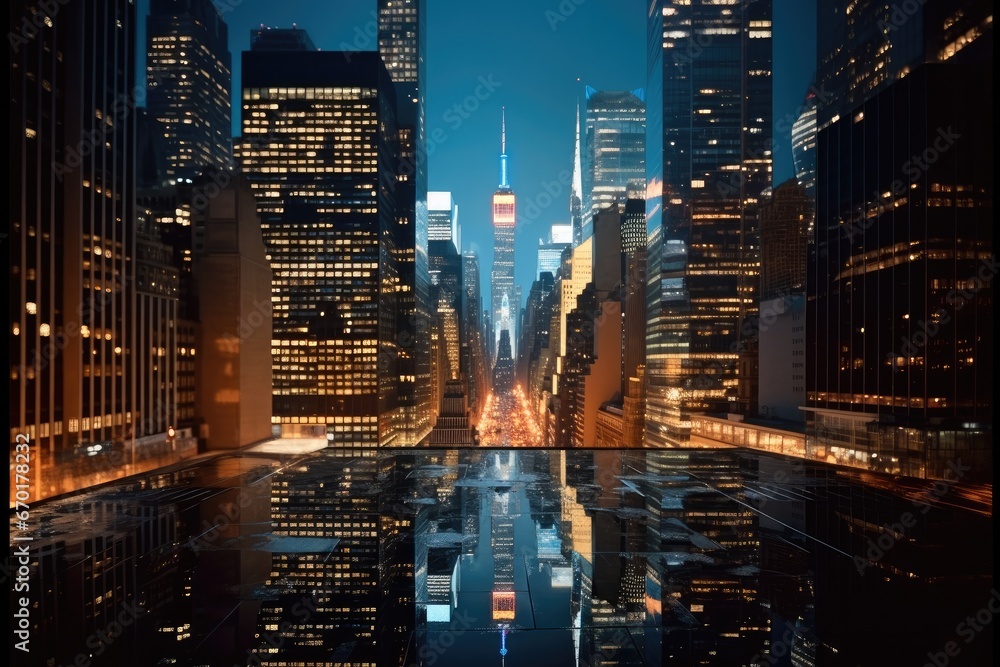 New York skyscrapers at night.