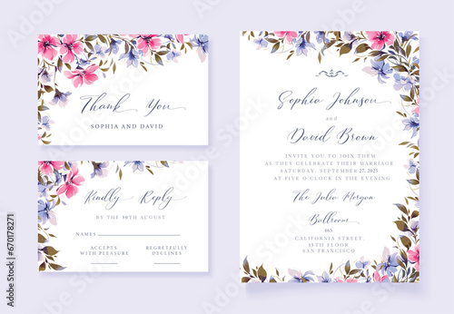 Watercolor Wedding invitation with wild flowers, thank you and rsvp cards, vector template.