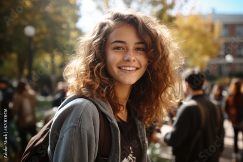 Portrait of a young teenager girl student in the schoolyard, Happy.