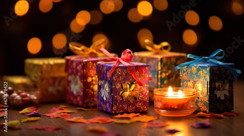 Diwali Deepavali  gift boxes and glowing candle lights. Happy Diwali background  web banner. Diwali Hindu festival of lights celebration. Colorful traditional Diwali gifts