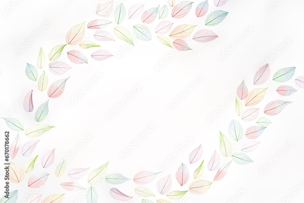 Decorative Frame made of multicolor, transparent leaves skeletons with a beautiful texture on the white. Pastel color leaves background texture. Selective focus. copy space. Fall, autumn concept