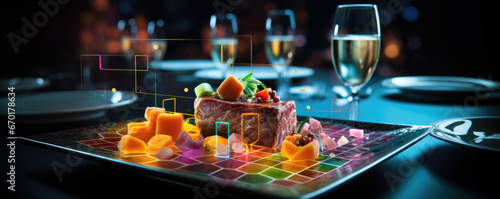 Food on platne in 3d technology vision, future of culinary meal table. photo
