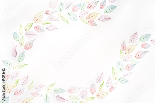 Decorative Frame made of multicolor, transparent leaves skeletons with a beautiful texture on the white. Pastel color leaves background texture. Selective focus. copy space. Fall, autumn concept