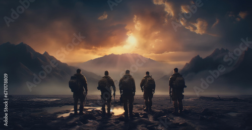 Five resilient soldiers standing in a desolate battlefield, Rear view.