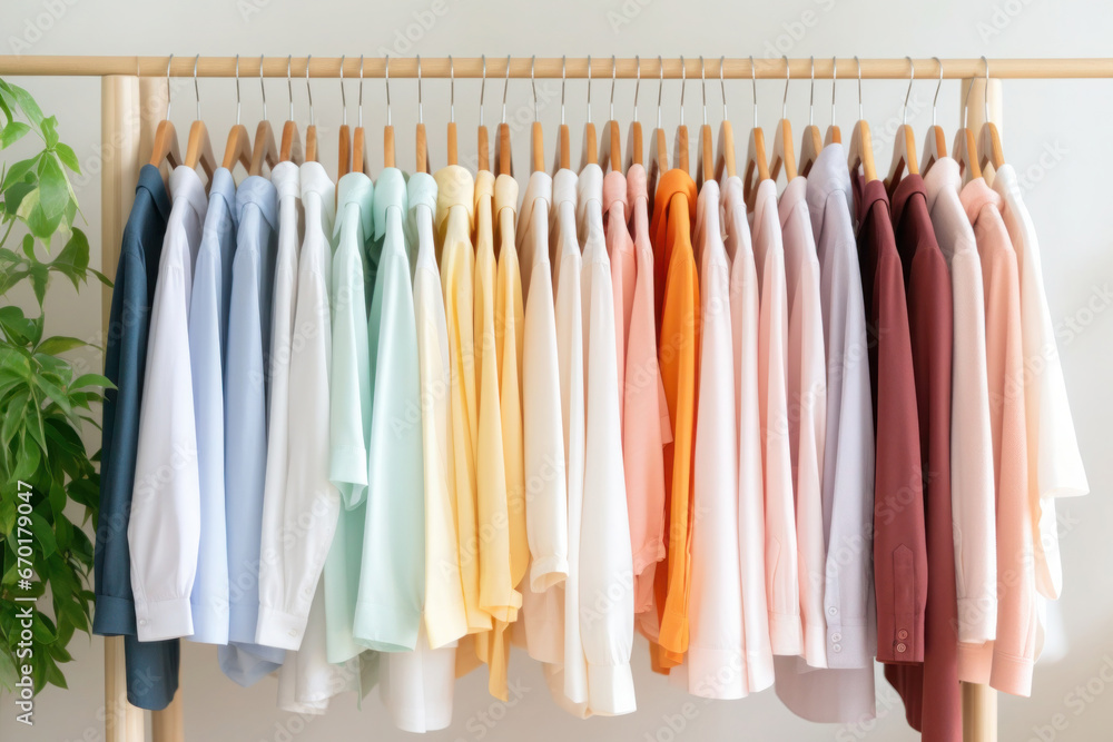 Wardrobe rack with colorful clothes on hangers