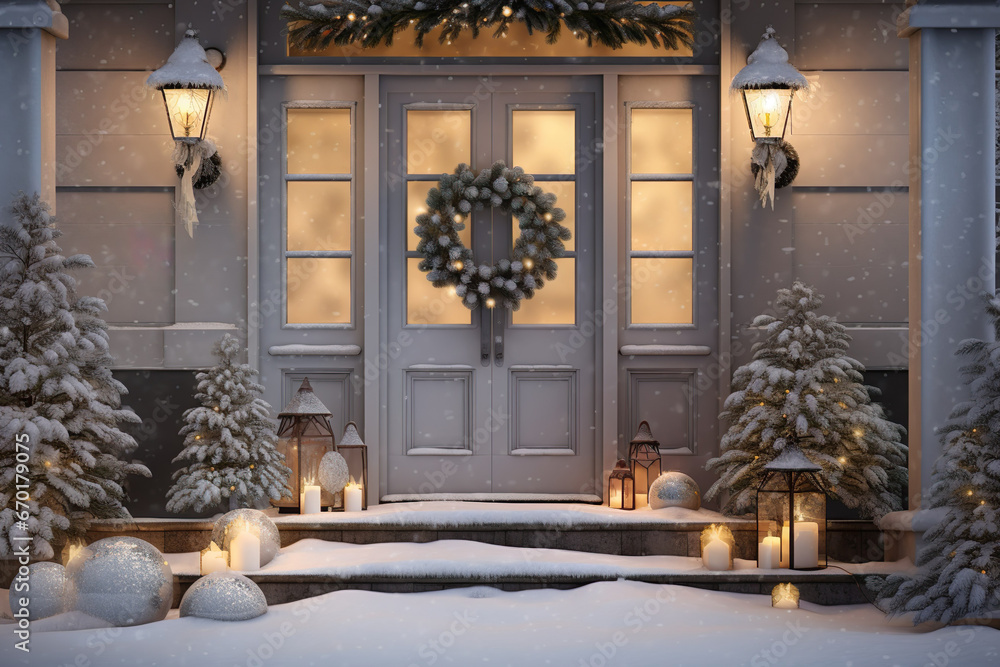 Front Door Christmas Decor. Porch in snow with Xmas wreath, lanterns