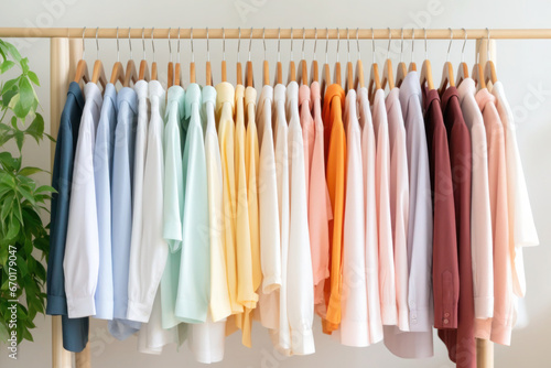 Wardrobe rack with colorful clothes on hangers