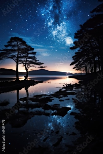 Silhouette of trees near body of water during night time.