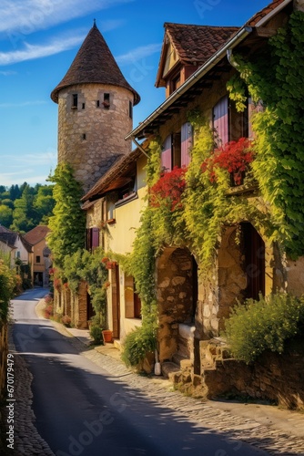 vertical photos of the landscape of a small cozy old vintage French houses with houses and greenery
