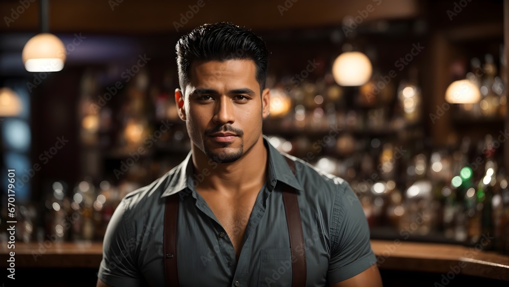 A dashing man exudes charisma and charm as he enjoys a drink at the bar, with the bustling ambiance of the bar setting the mood in the background A dashing man exudes charisma and charm as he enjoys a drink at the bar, with the bustling ambiance of the bar setting the mood in the background
