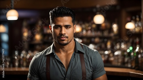A dashing man exudes charisma and charm as he enjoys a drink at the bar  with the bustling ambiance of the bar setting the mood in the background