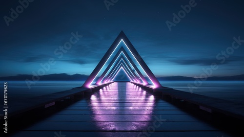 Generative AI, minimalist island paradise with geometric neon light bridge, futuristic landscape