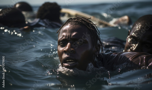 Generative AI illustration of black individual with braided hair swims resiliently through the ocean showcasing a poignant moment of migrations
