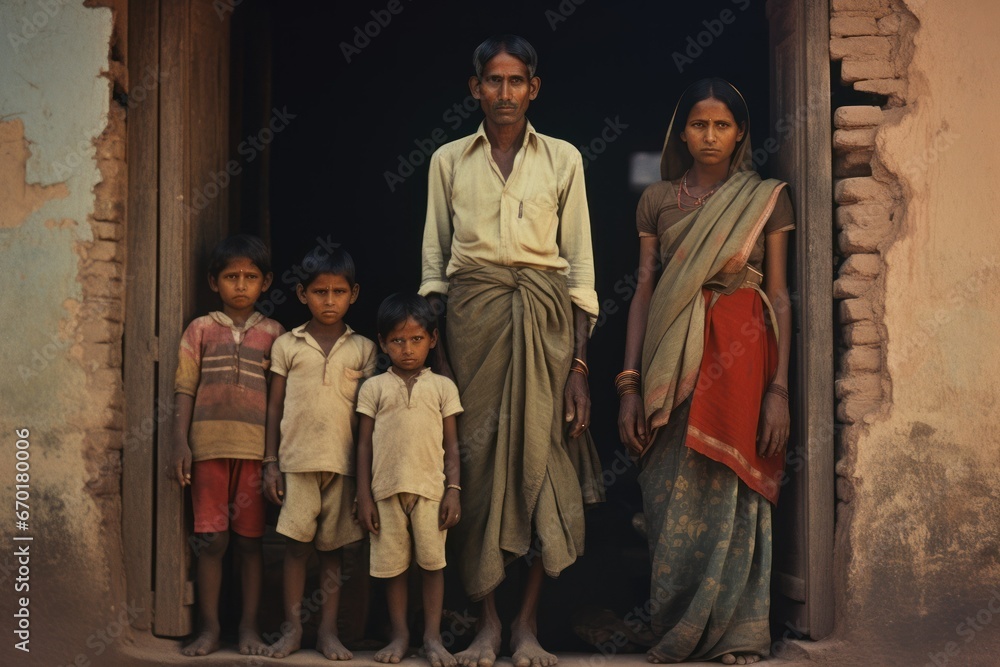 Naklejka premium portrait of a family from India, in traditional costumes and clothes from a poor family