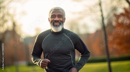 Black senior man going for a run and living a healthy lifestyle for longevity, generative ai.