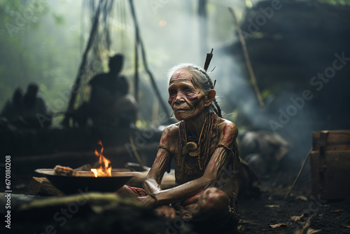 Generative AI image of an elderly tribal woman with tattoos sitting by a fire in a jungle camp looking away photo
