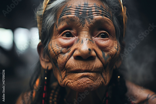 Generative AI image of an elderly indigenous woman gazing intently away photo